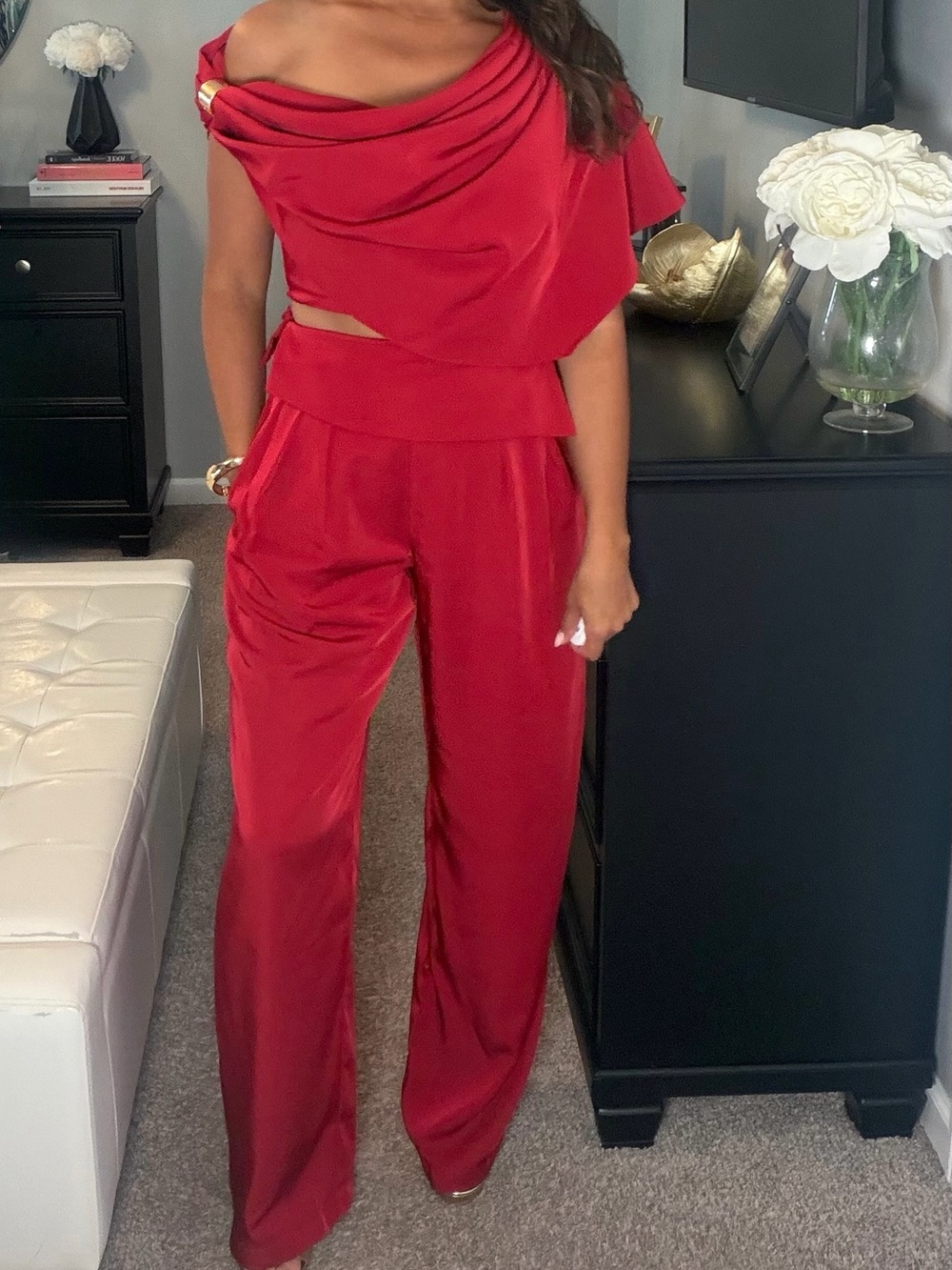 JLUXLABEL Red Satin Pant Set